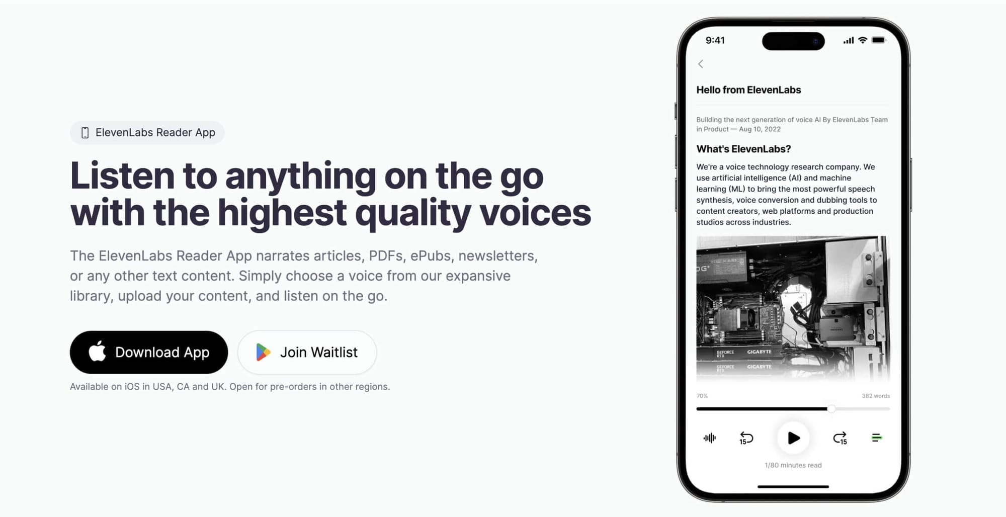 Elevenlabs launches reader a text to audio app